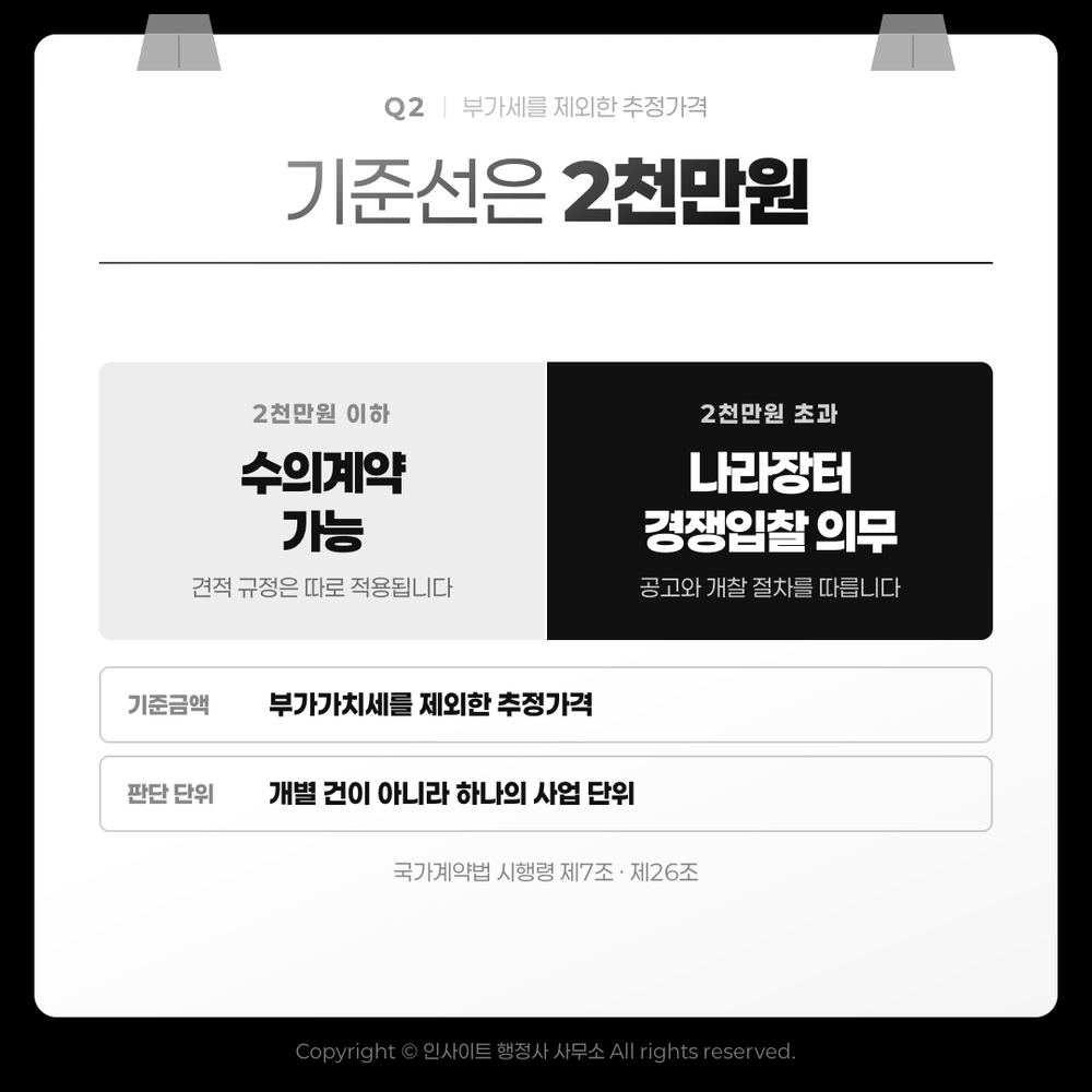 기준선은 2천만원 — 2천만원 이하 수의계약, 초과는 나라장터 경쟁입찰