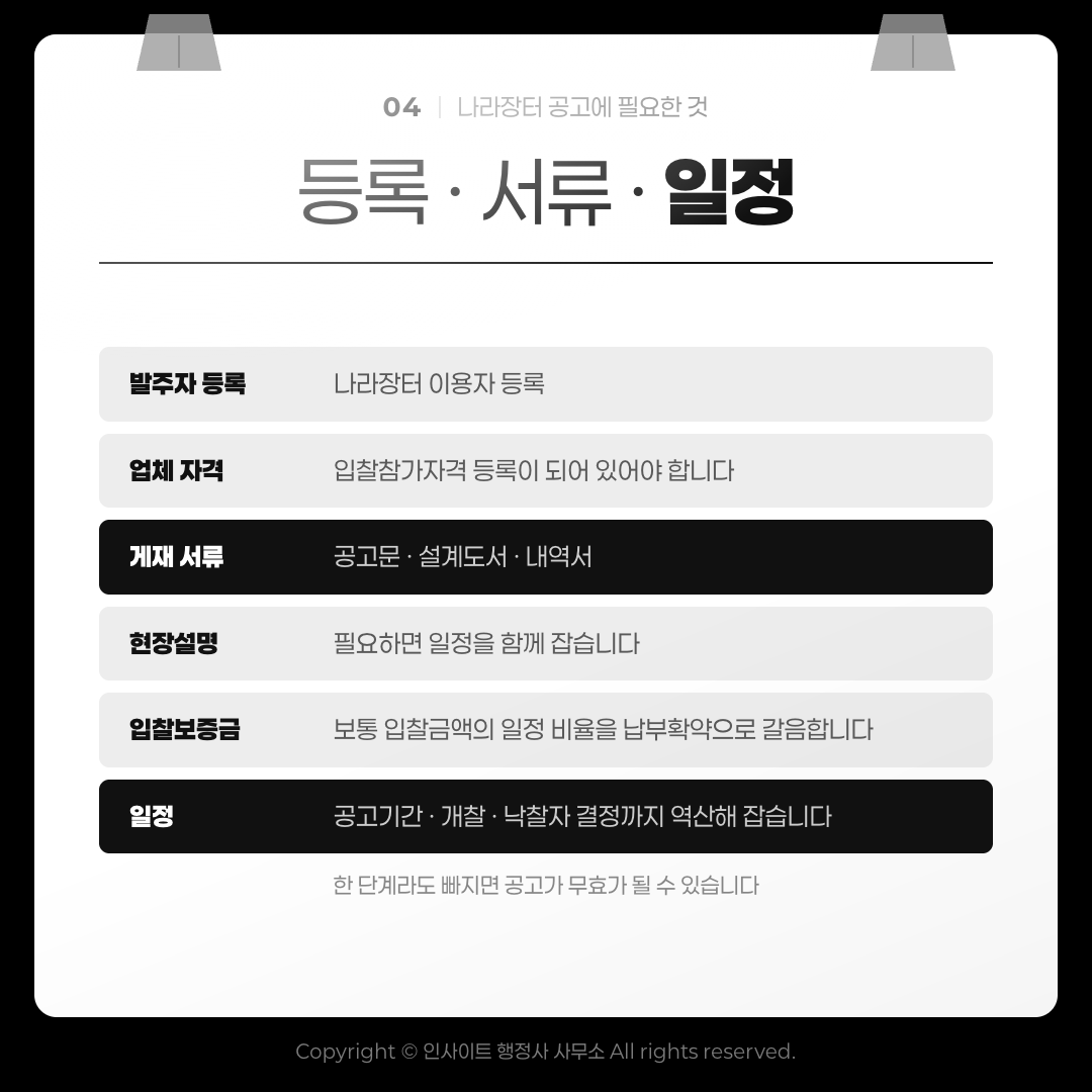 나라장터 공고에 필요한 것 — 등록·서류·일정